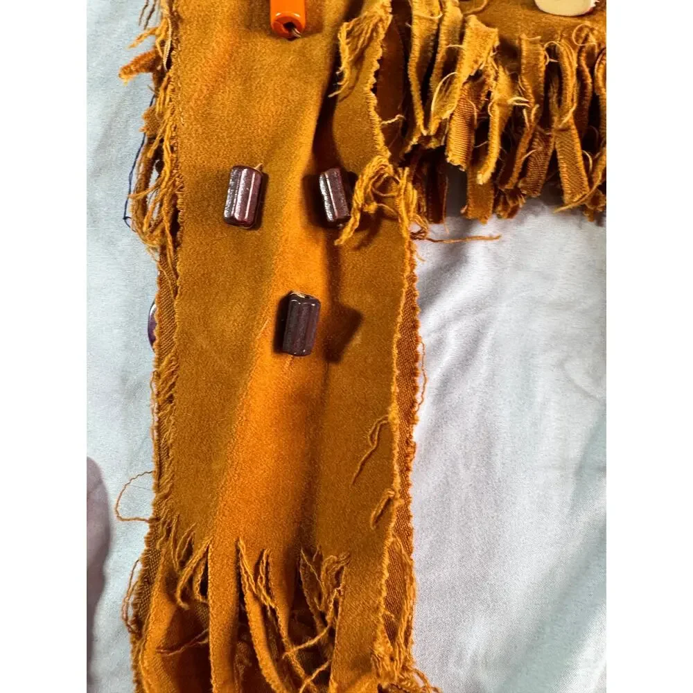 Vintage Handmade Fringed Beaded Vest Folk Art Camp Costume Embroidered Patches